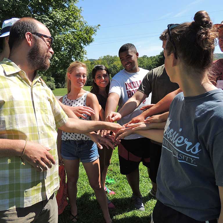 Students participate in a team-building activity with IU Outdoor Adventures.